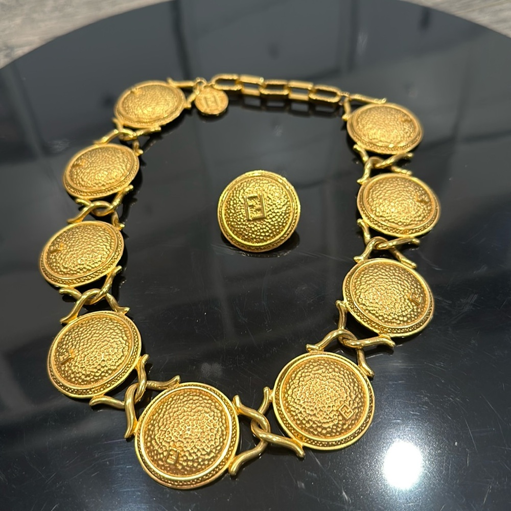 Fendi 9 Disc Medallion Necklace, VERY RARE. Vintage. + a medallion earring. EUC